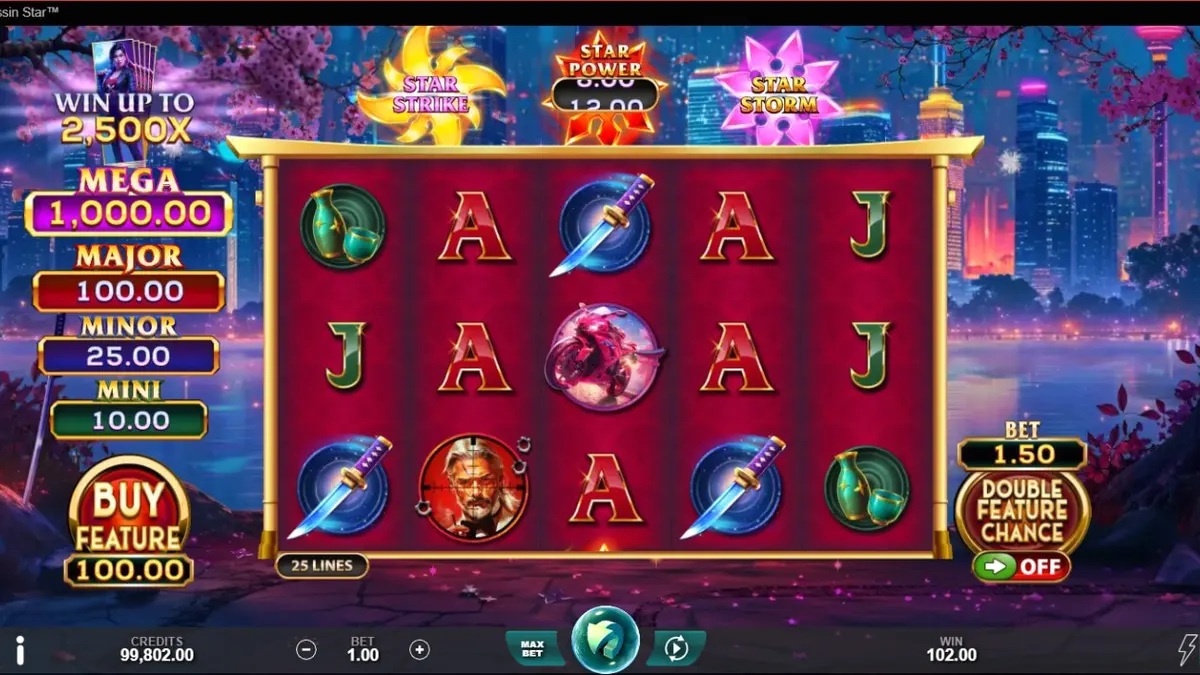 Tampilan visual neon-noir pada slot Assassin Star dengan elemen shuriken dan latar belakang kota Jepang.