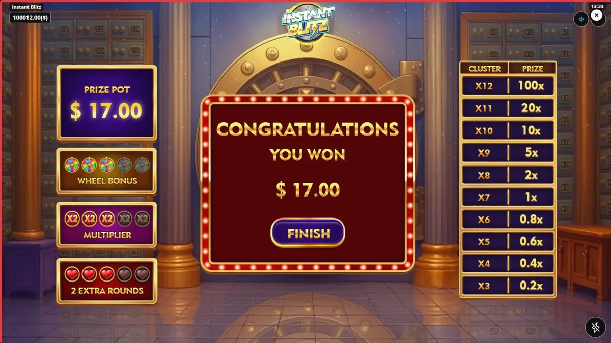 Tampilan visual slot Instant Blitz dengan tema brankas neon dan simbol emas
