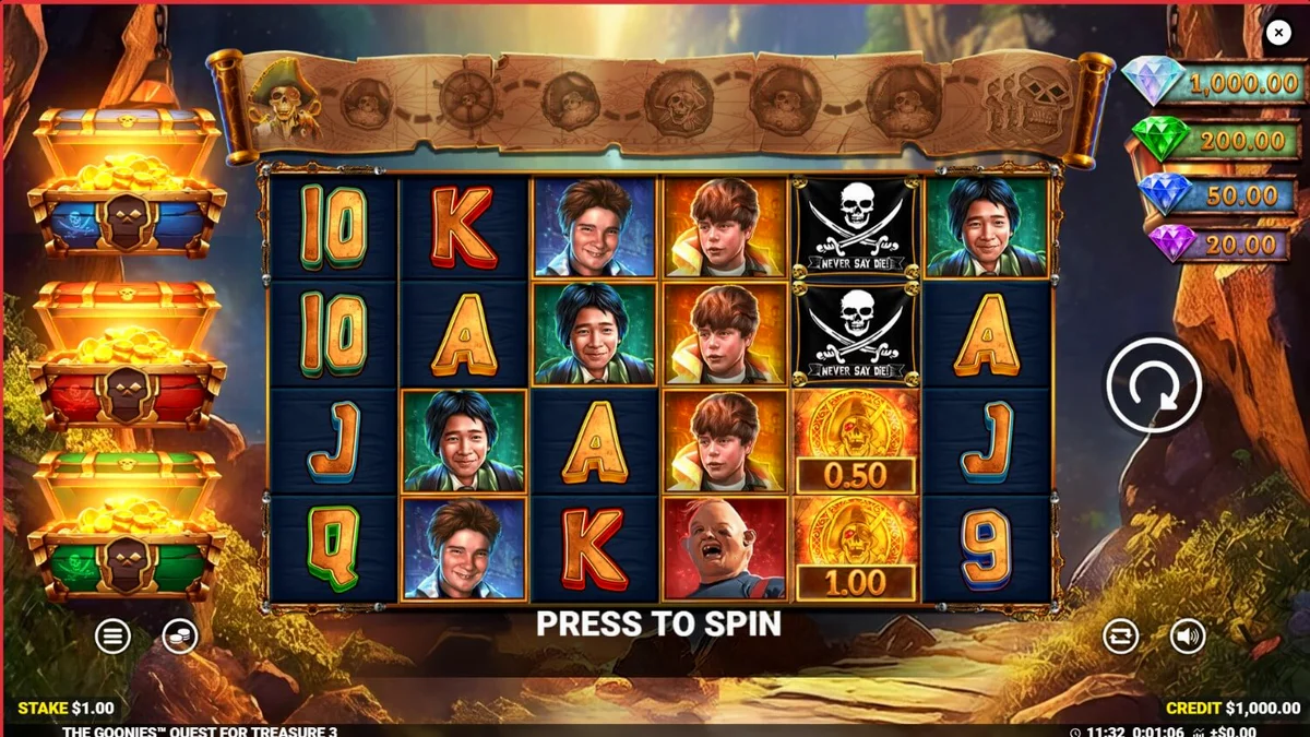 Tampilan visual slot The Goonies Quest for Treasure 3 dengan karakter ikonik dan latar gua bajak laut